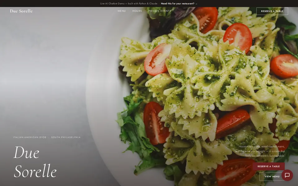 Home page of the Due Sorelle restaurant demo, a bowl of pasta beside the restaurant name