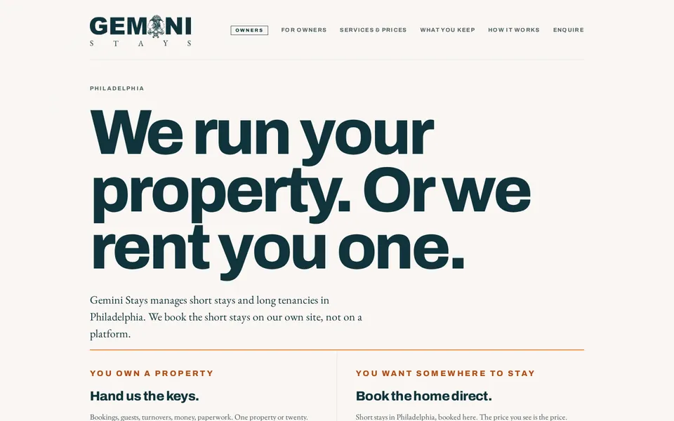 Home page of the Gemini Stays site, a cream page with a large dark headline about running your property