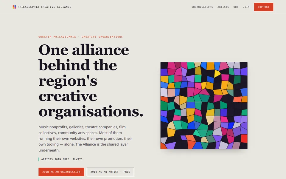 Home page of the Philadelphia Creative Alliance site, a large serif headline beside a mosaic of coloured glass
