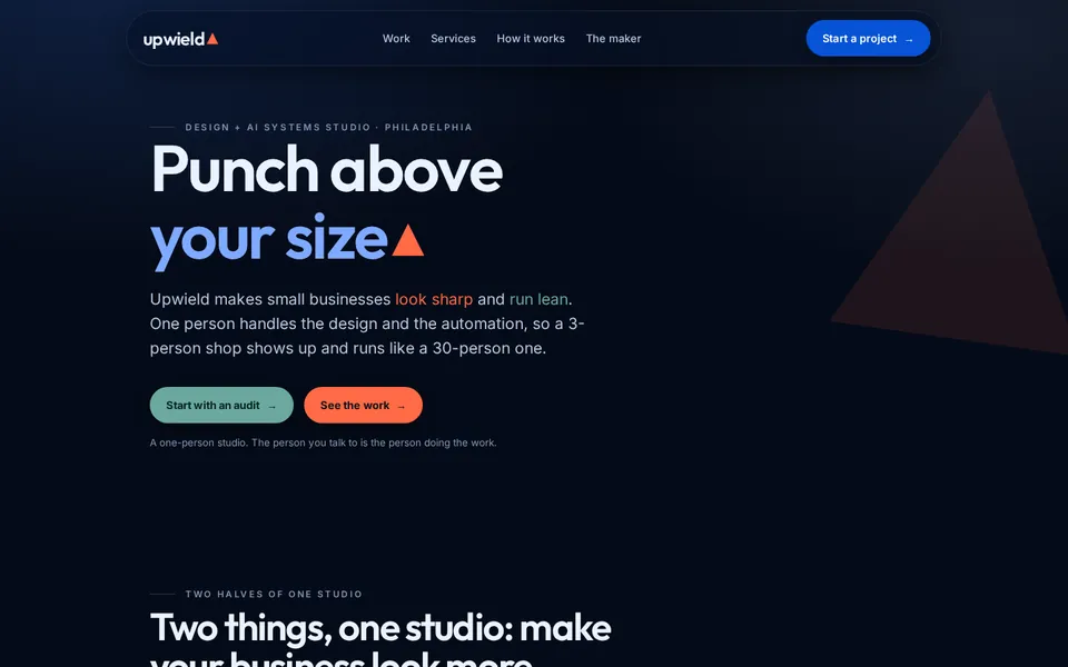 Home page of the Upwield studio site, dark blue with a large headline and two buttons